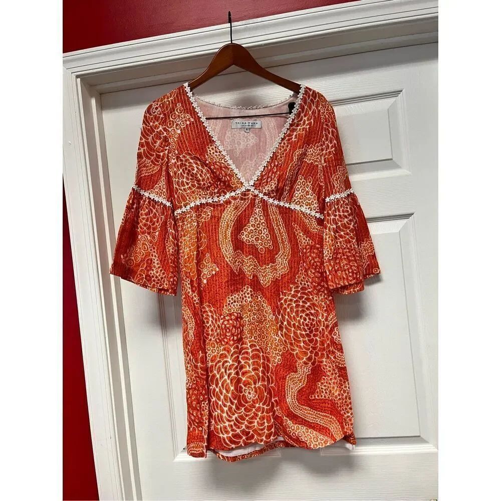 Trina Turk Orange Print Metallic Stitch Fitted Caftan Cover Uo Sz 4 NWOT